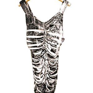 Dots NEW Abstract Ruched White Black Top Blouse V-neck Wide Straps Stretchy MED